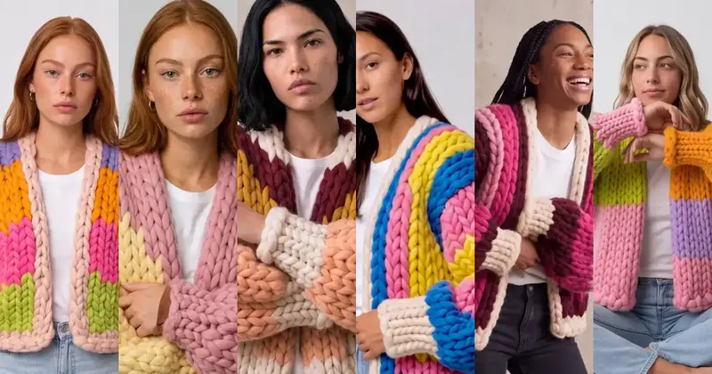 Six chunky knit cardigans side by side: the Parade in rainbow arcs, the Dual in pink and yellow, the Film Roll in peach and ruby chevrons, the Retro Pop in yellow with blue and pink, the Retro Neon in deep wine, and the Technicolor in lime, orange, lilac and pink.