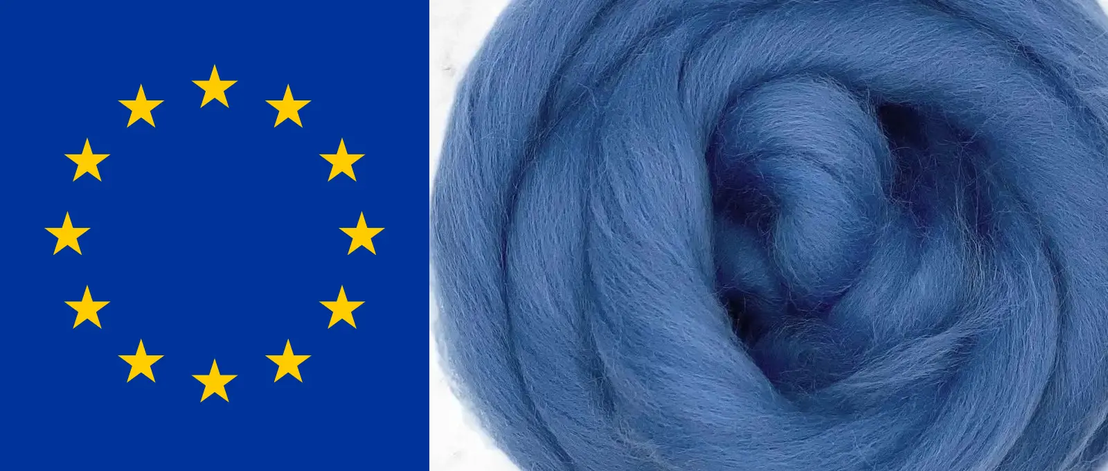 A panel of European Union blue carrying its circle of twelve gold stars, beside a close-up of cornflower-blue Gigante Wool roving.