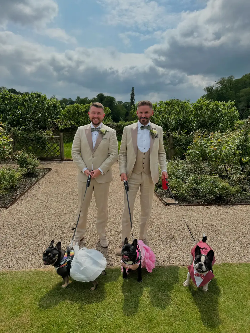 Fernando and Paul in cream wedding suits, each holding leads for Rocco, Coco and Halo, their three French bulldogs, dressed in wedding outfits on the grass.