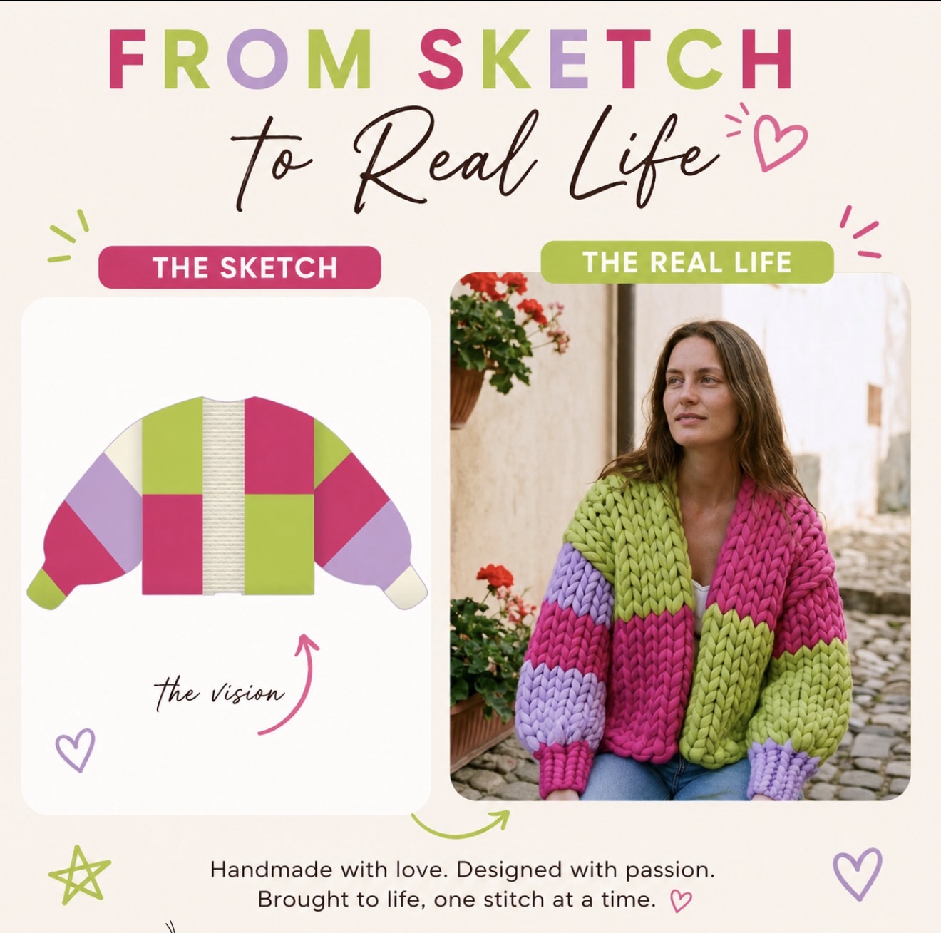 A 'sketch to real life' panel: a bright pink, citrus-lime and lilac colour-block design, then the finished chunky cardigan worn on a sunny Italian cobbled street.