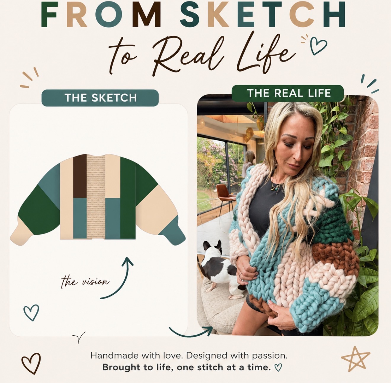 A 'from sketch to real life' panel: a flat colour-block cardigan design beside the finished chunky cardigan worn
