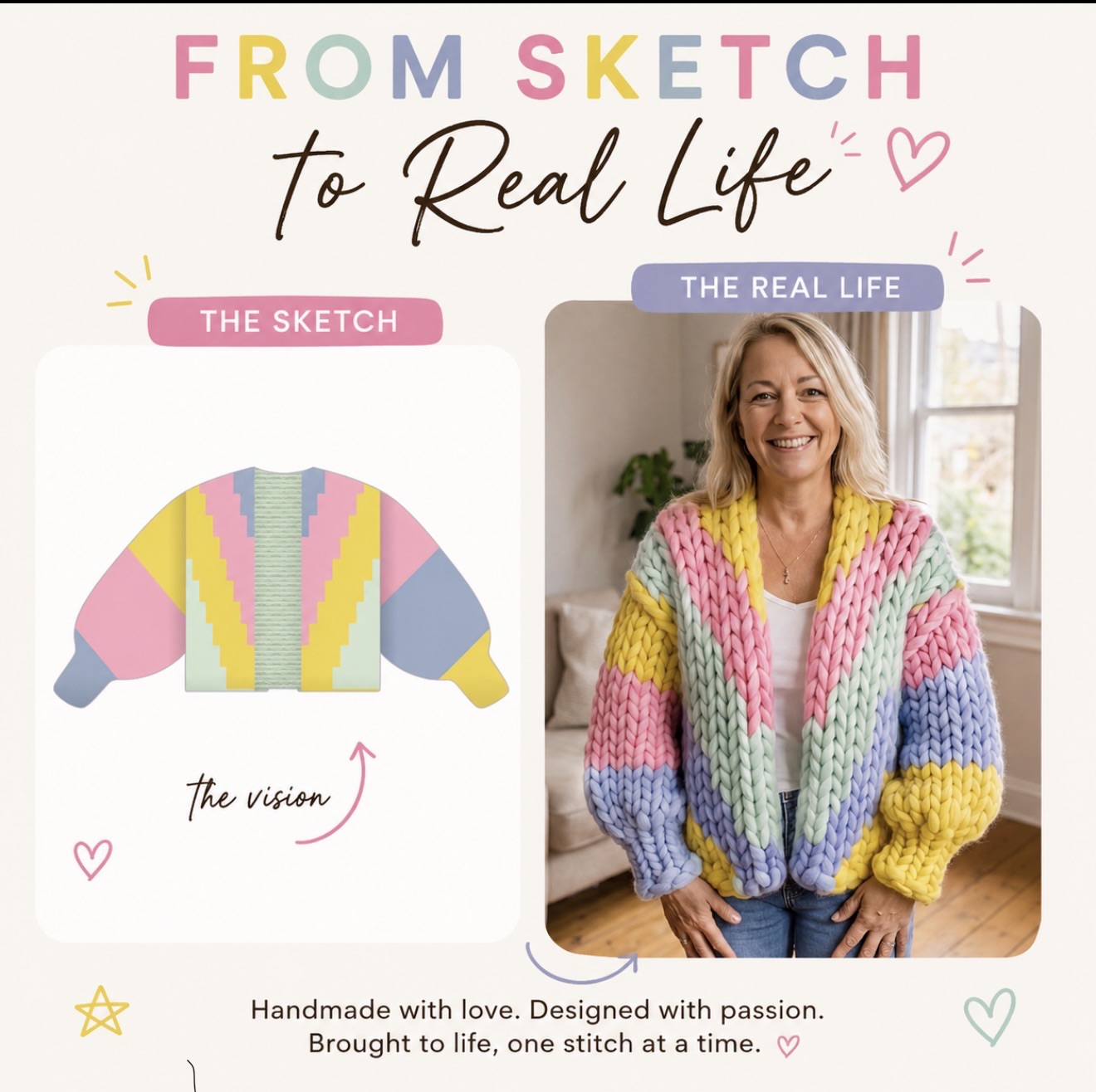 A pastel 'sketch to real life' panel: a soft rainbow pastel cardigan design beside the finished pastel chunky cardigan worn.