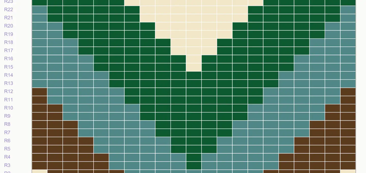 A colour chart from a Gigante Knits pattern, showing numbered rows of green, teal, brown and cream squares.
