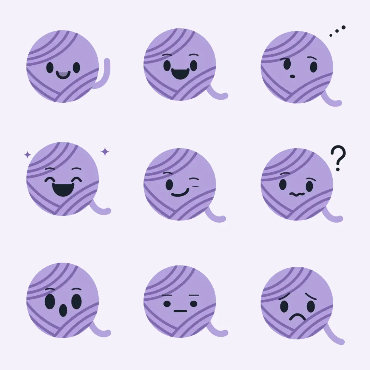 Kit, the lilac ball of yarn, in nine moods: waving, happy, thinking, celebrating, cheeky, confused, oops, serious and sorry