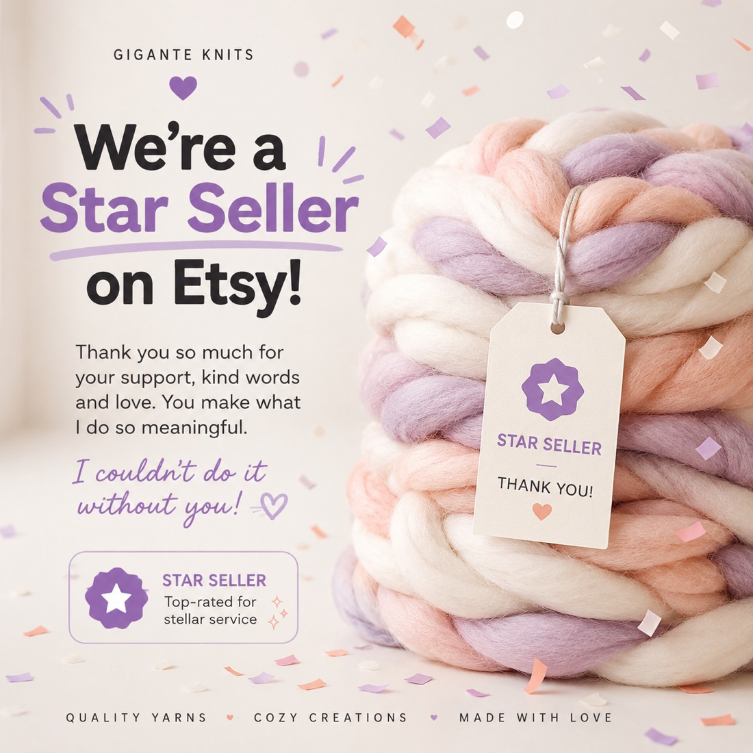 A ball of pastel chunky wool with a Star Seller thank-you tag