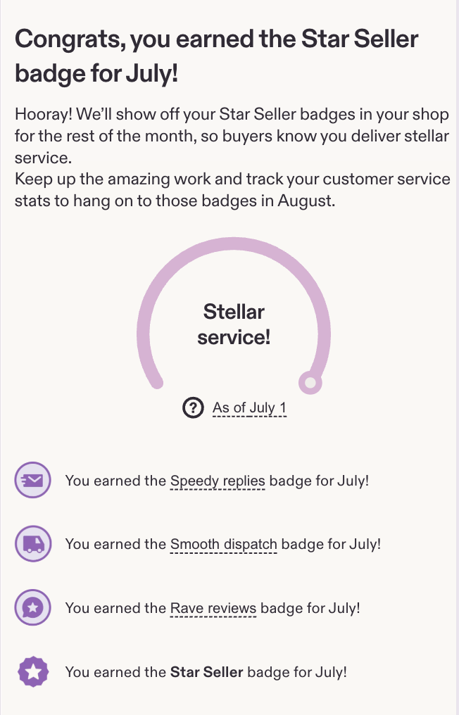 Etsy's Star Seller dashboard showing Gigante Knits earned the Speedy replies, Smooth dispatch, Rave reviews and Star Seller badges for July.