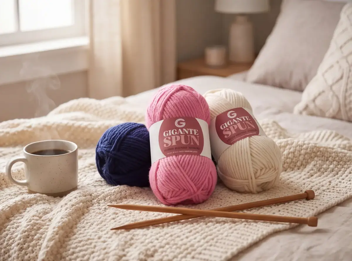 Witching Hour, Turkish Delight and Bear's Porridge balls on a knitted blanket with a pair of wooden needles