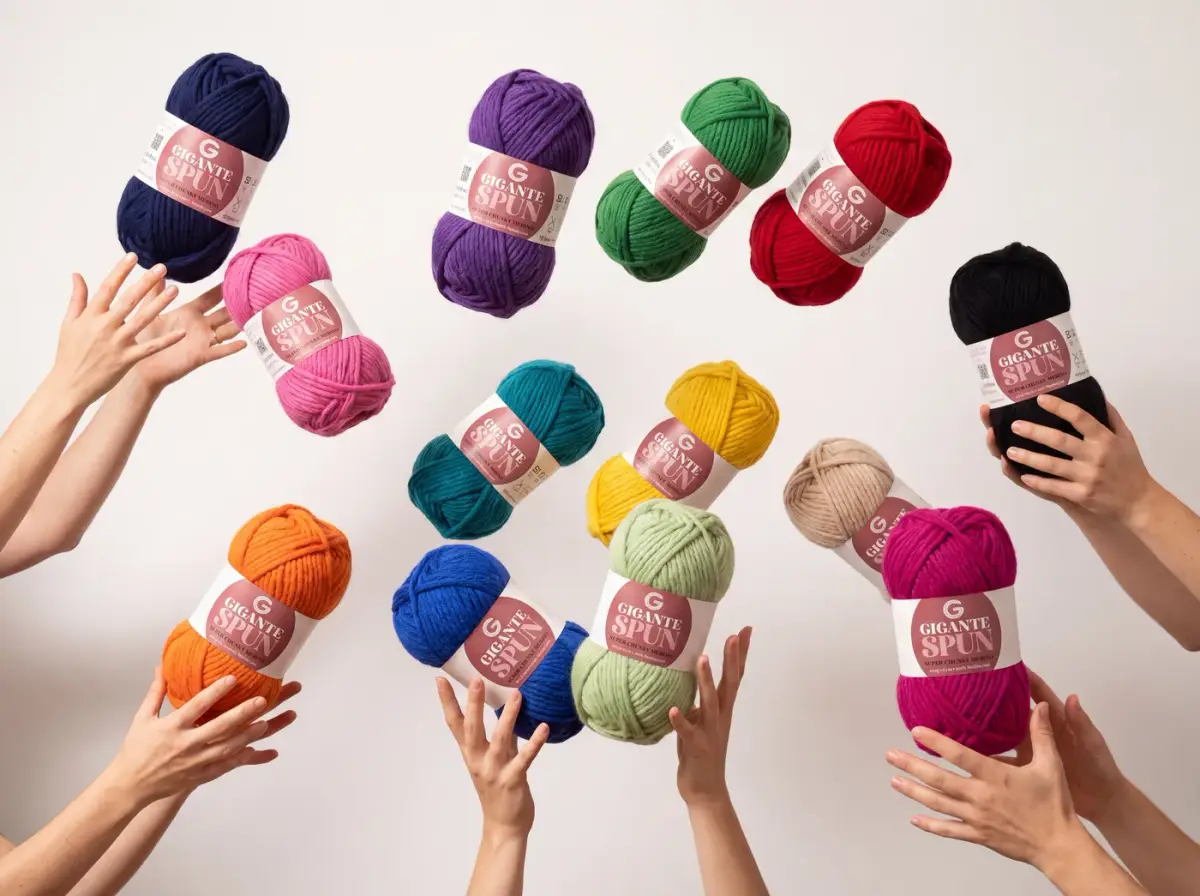 Hands reaching for balls of yarn in many colours