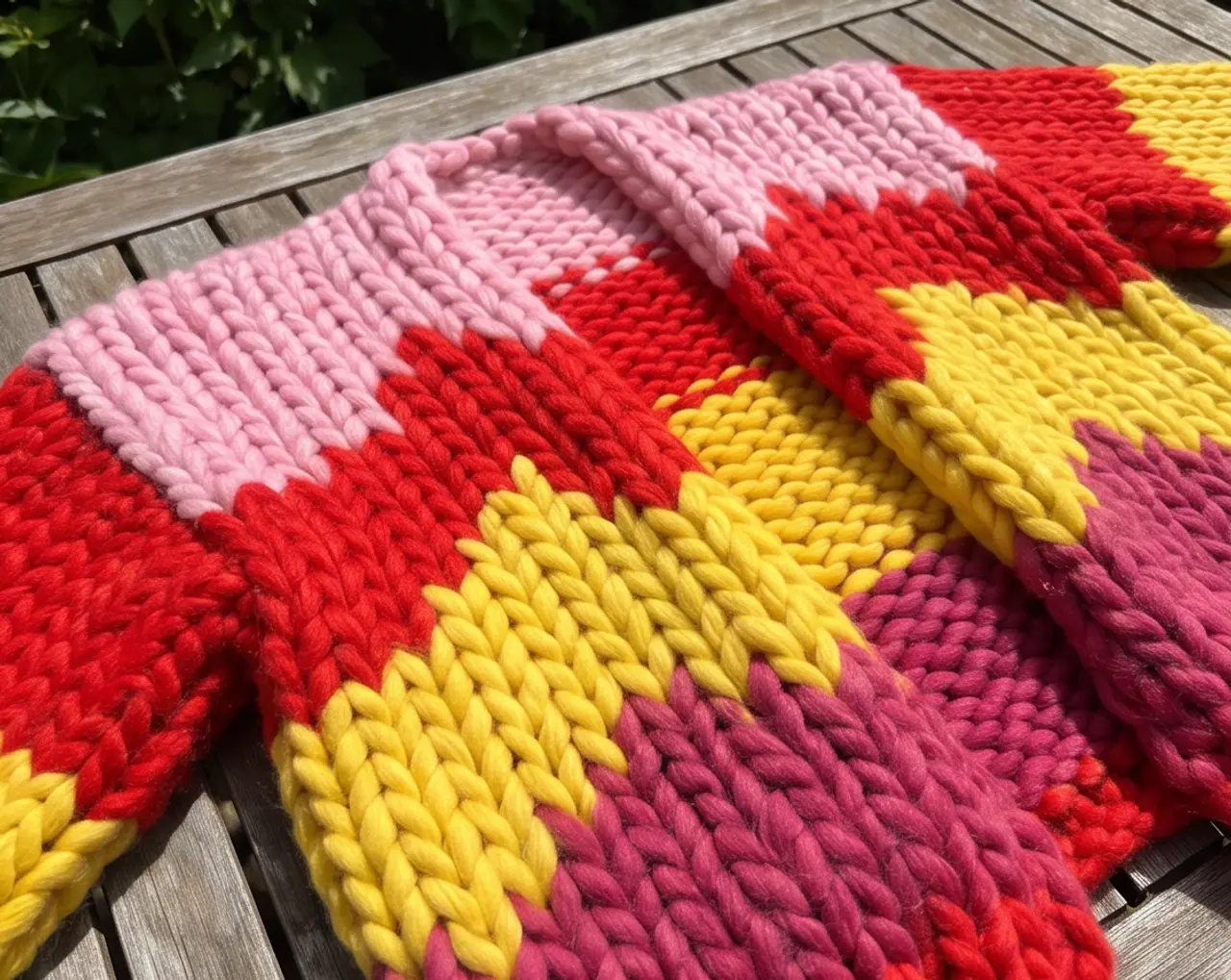 A finished chunky-knit cardigan in pink, red, yellow and purple laid flat to dry outdoors in the sun.