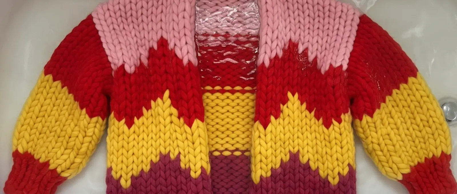 A red, yellow, pink and purple chevron chunky-knit cardigan fully immersed in a basin of warm water for blocking.