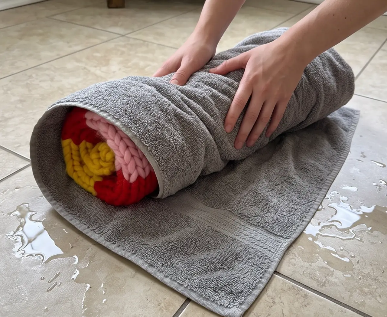 Hands pressing a rolled towel to draw excess water out of a soaked chunky-knit cardigan.