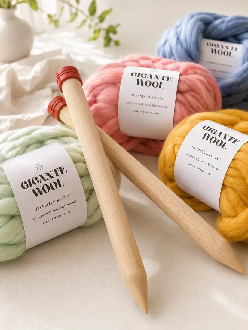 A pair of jumbo birchwood single-pointed knitting needles laid across balls of Gigante Wool in sage, pink, blue and mustard.