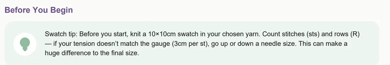 The Before You Begin swatch tip from a Gigante Knits pattern, explaining how to knit and measure a 10 by 10 cm swatch.