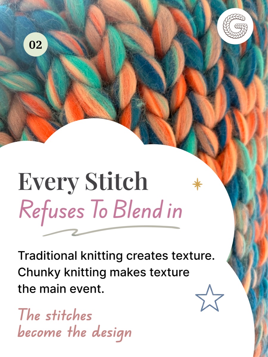 Close-up of multicoloured chunky knit stitches in teal, orange and coral, each loop large and clearly defined.