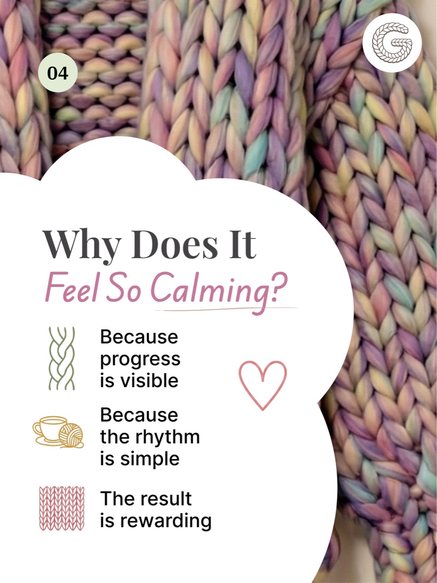 A panel of pastel chunky knitting in lilac, sage and butter yellow, with the heading 'Why does it feel so calming?'