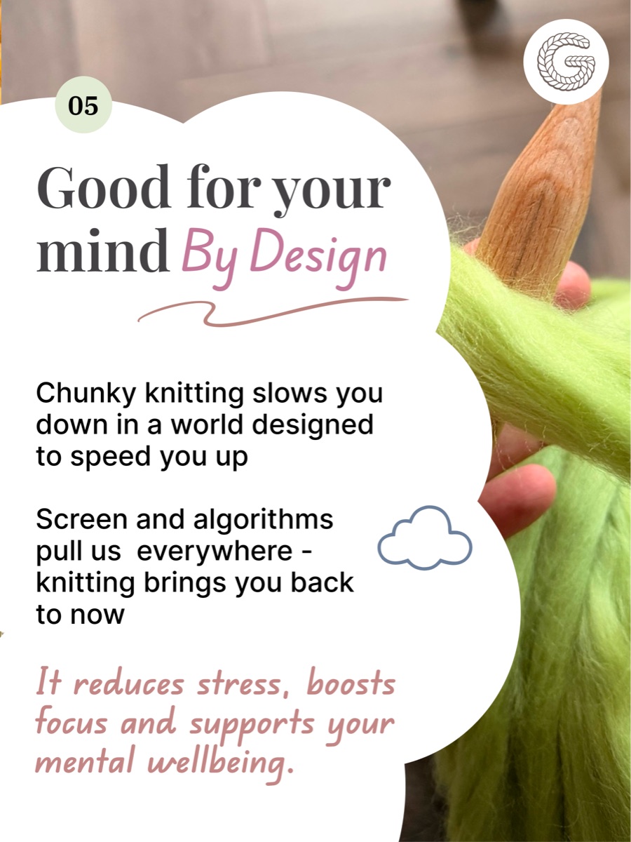 A hand holding lime-green wool roving against a wooden needle, with the heading 'Good for your mind by design'.