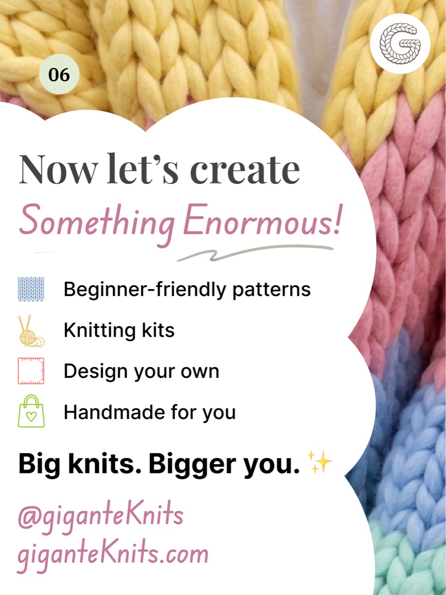 A finished chunky knit cardigan in yellow, pink, blue and green, with the four ways to start: patterns, kits, design your own, or handmade for you.