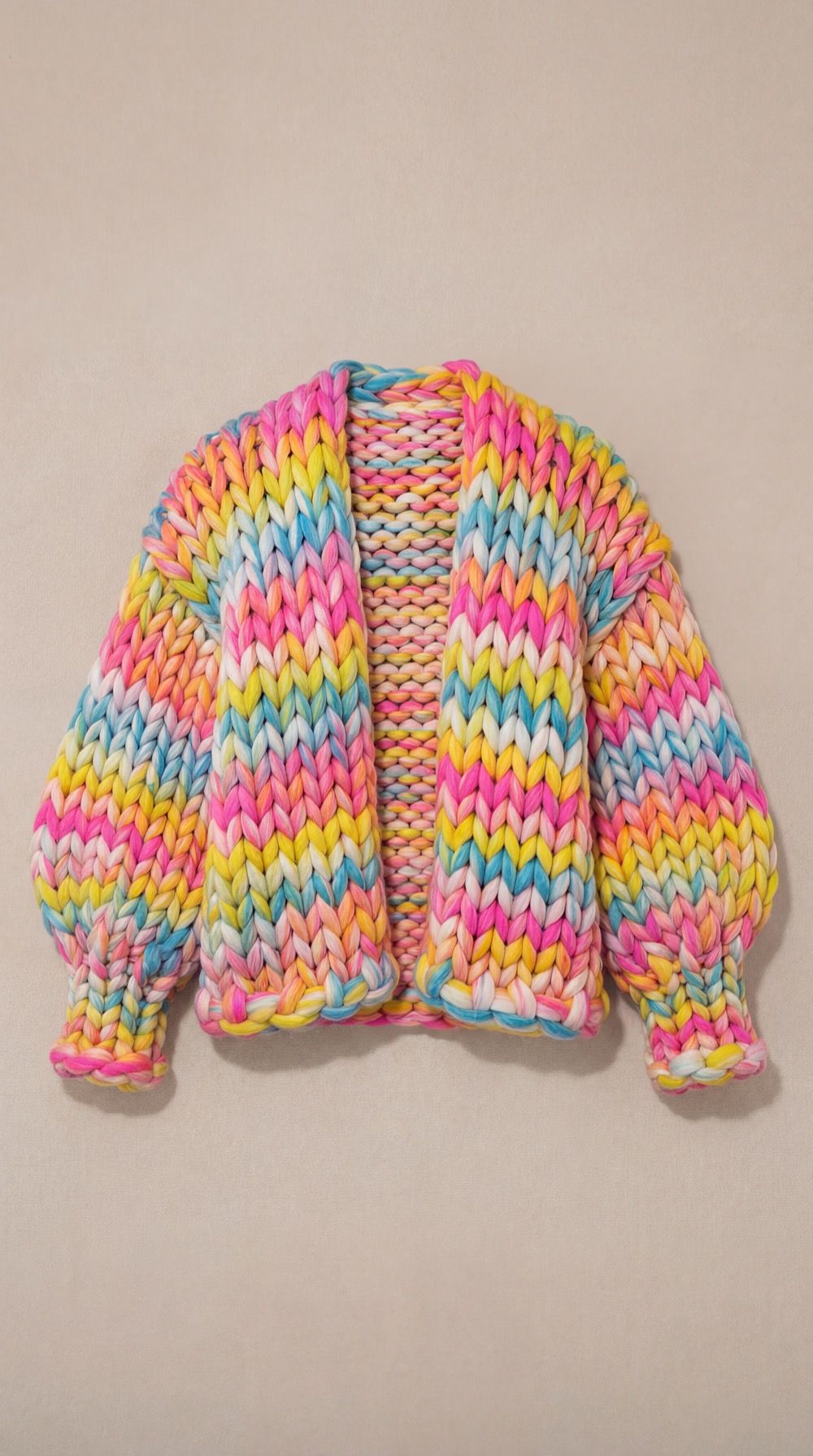 A hand-knit Gigante chunky cardigan in the rainbow-pastel Carnival colourway on a soft backdrop