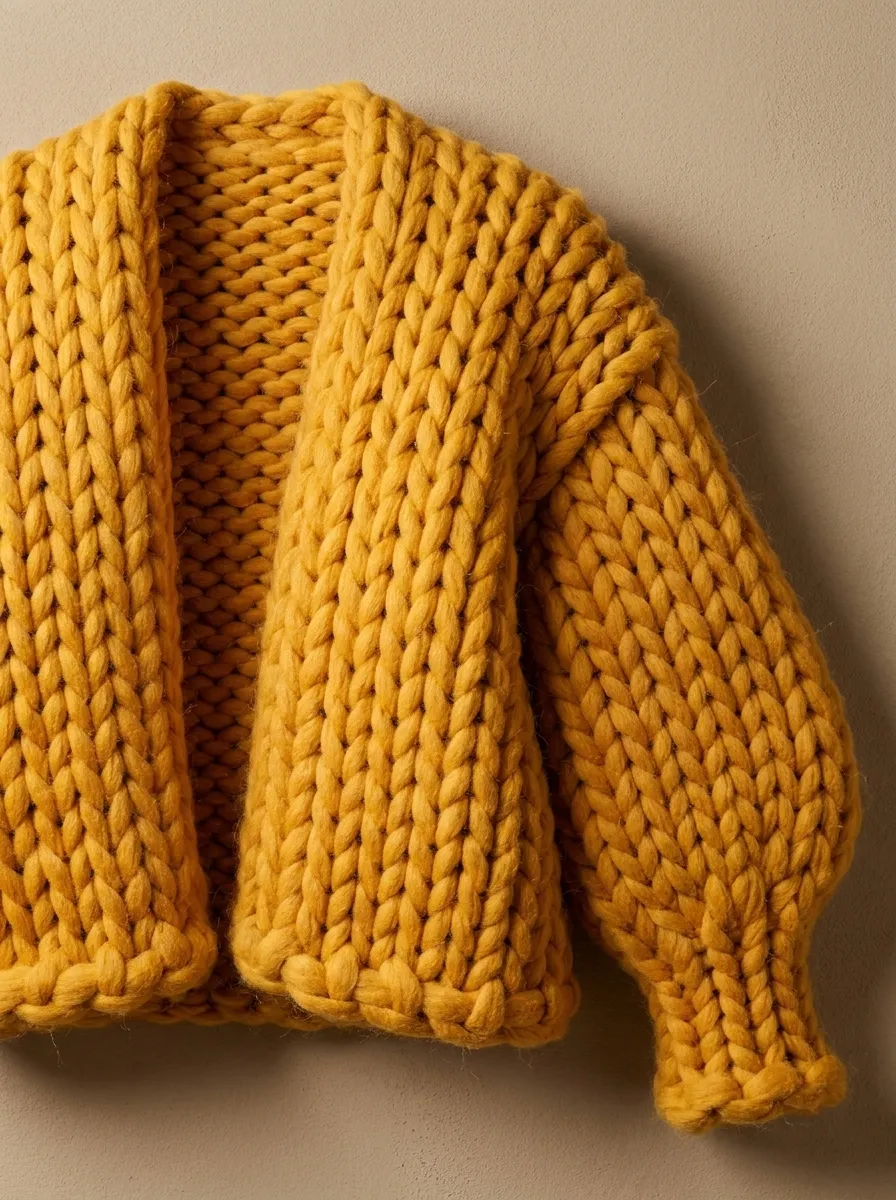 The Marigold, a one-colour chunky knit cardigan in warm yellow, laid flat on a white table.
