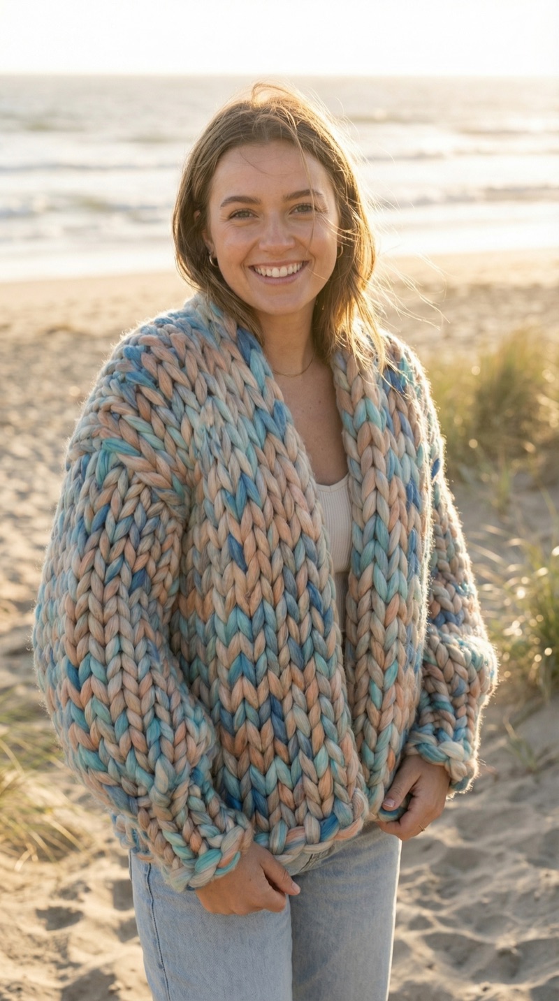 A finished blue blended chunky-knit Gigante cardigan