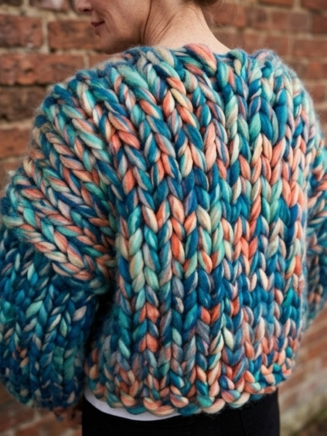 The finished ocean-blue chunky cardigan, worn outdoors.
