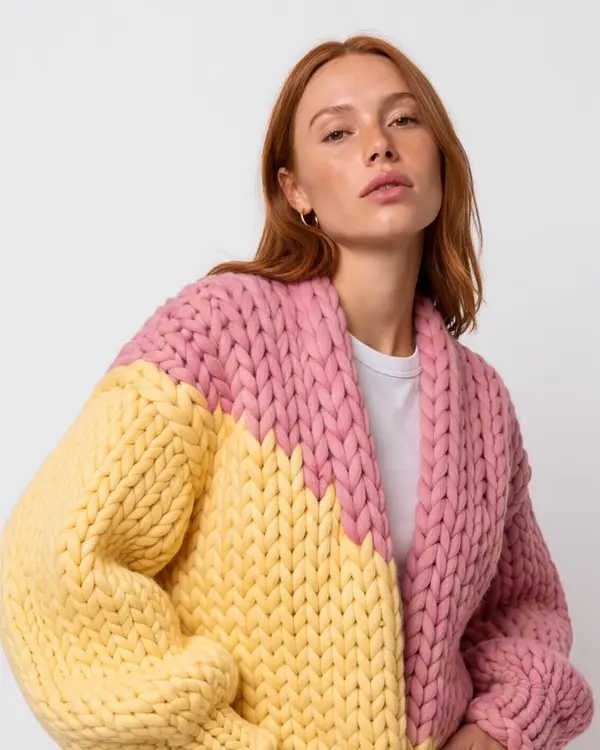 A woman with red hair in a chunky knit cardigan that is pale yellow on one side and pink on the other.