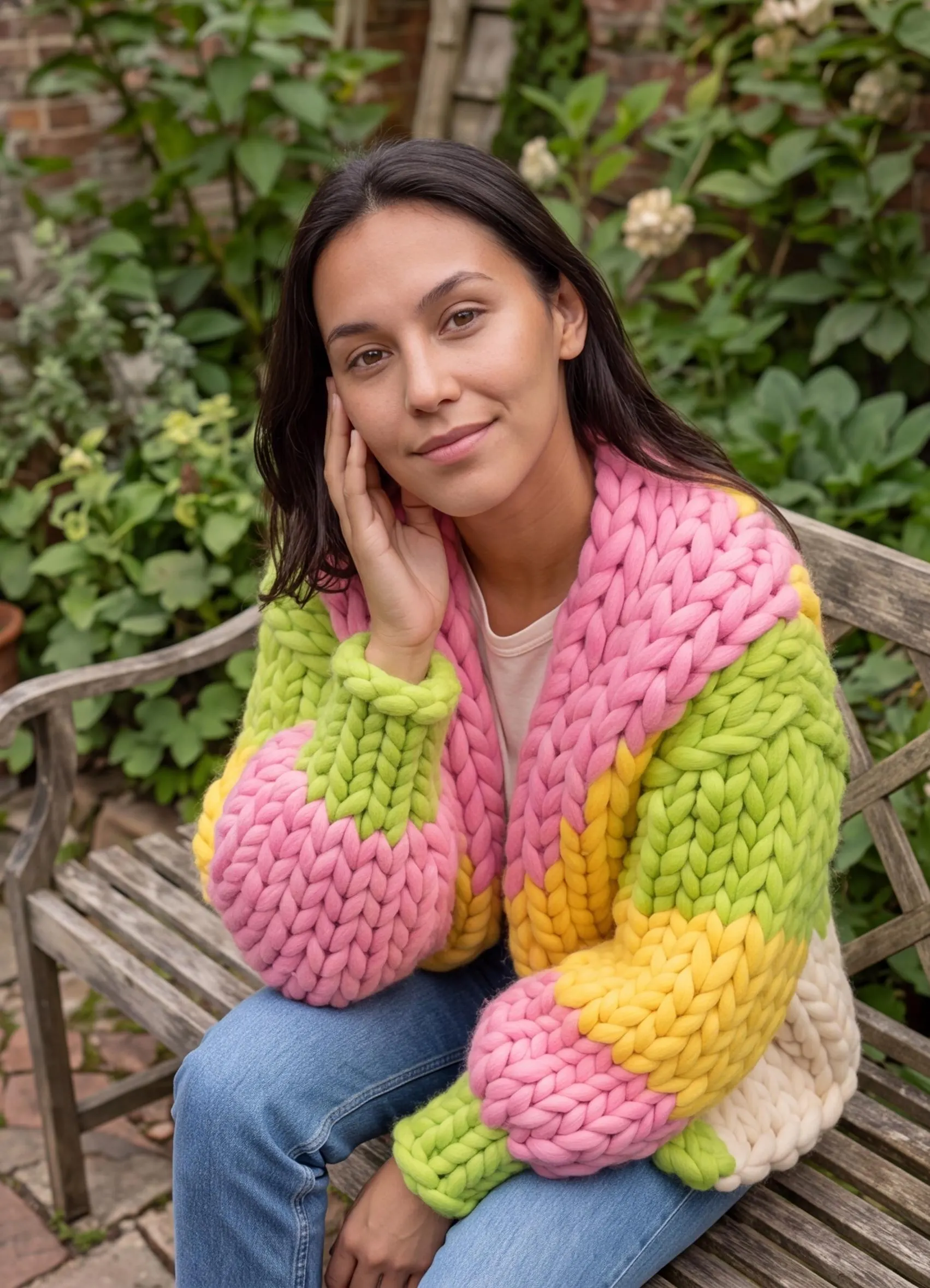 The Sherbet colourway worn in a garden: candy-pink, lemon and lime colour blocks in giant stitches over a cream hem.