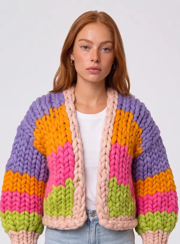 A woman with red hair in a chunky knit cardigan of lilac, orange, pink and green arcs rising from the hem, front view.