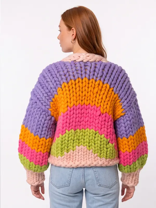 The back of the Parade cardigan: the rainbow arcs climb over the shoulders.