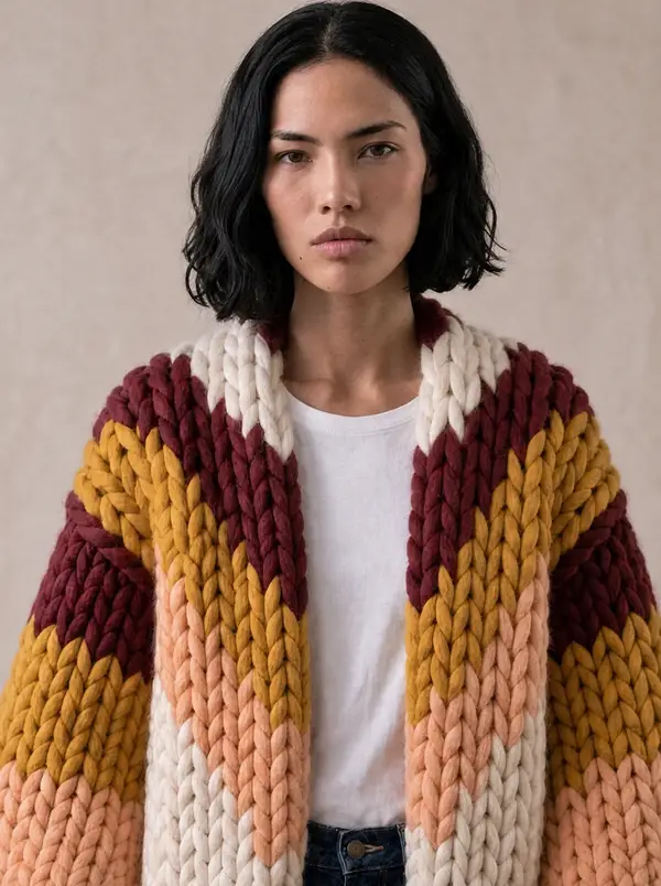 A woman with a dark bob in a chunky knit cardigan of peach, sunset and ruby chevrons on eggshell, front view.