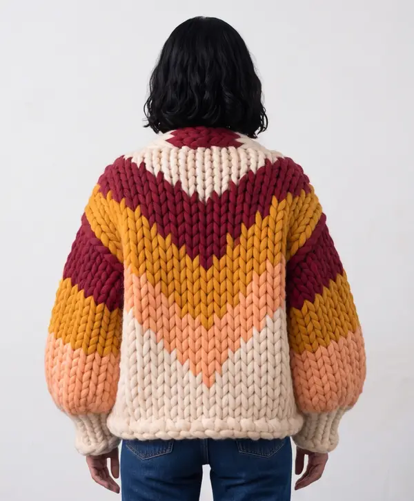 The back of the Film Roll cardigan: the chevrons dip to a point down the centre back.