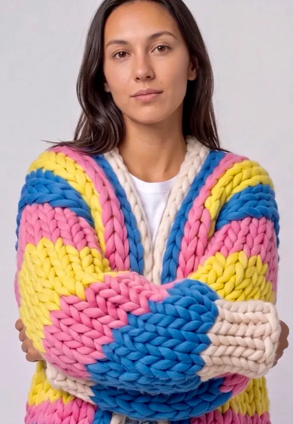 The Retro Pop cardigan worn with arms crossed, blue, pink and yellow bands on the sleeves.