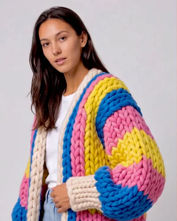 A woman with long dark hair in a chunky knit cardigan in sunshine yellow with blue and pink bands and a cream trim.