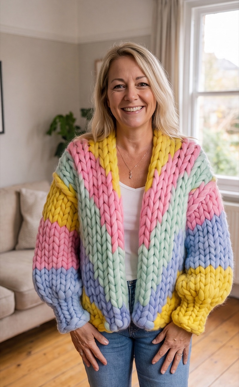 The Reflection colour-block cardigan in Soft Pastel, worn with a smile