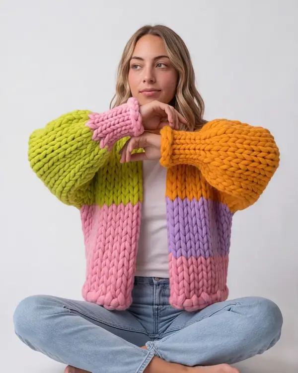 A blonde woman sitting cross-legged in a chunky knit cardigan of lime, orange, lilac and pink colour blocks.