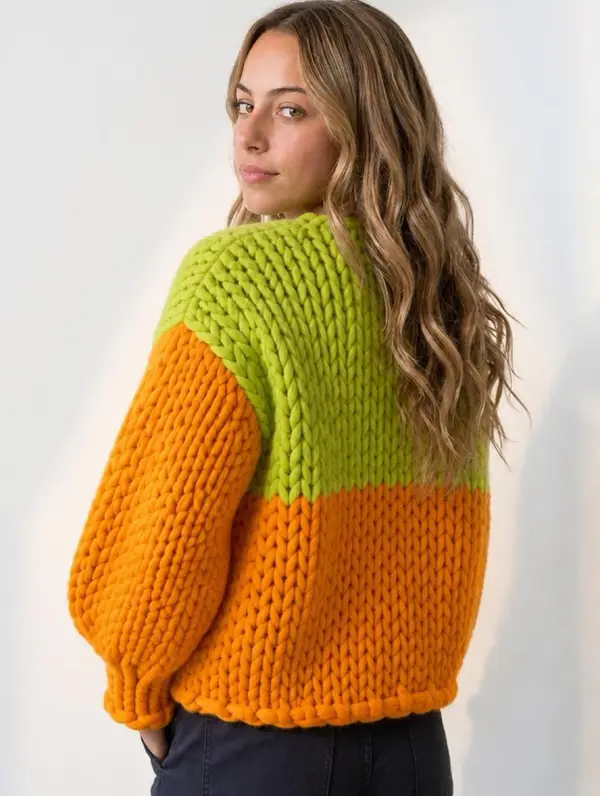 The back of the Technicolor cardigan: lime across the shoulders, orange below.