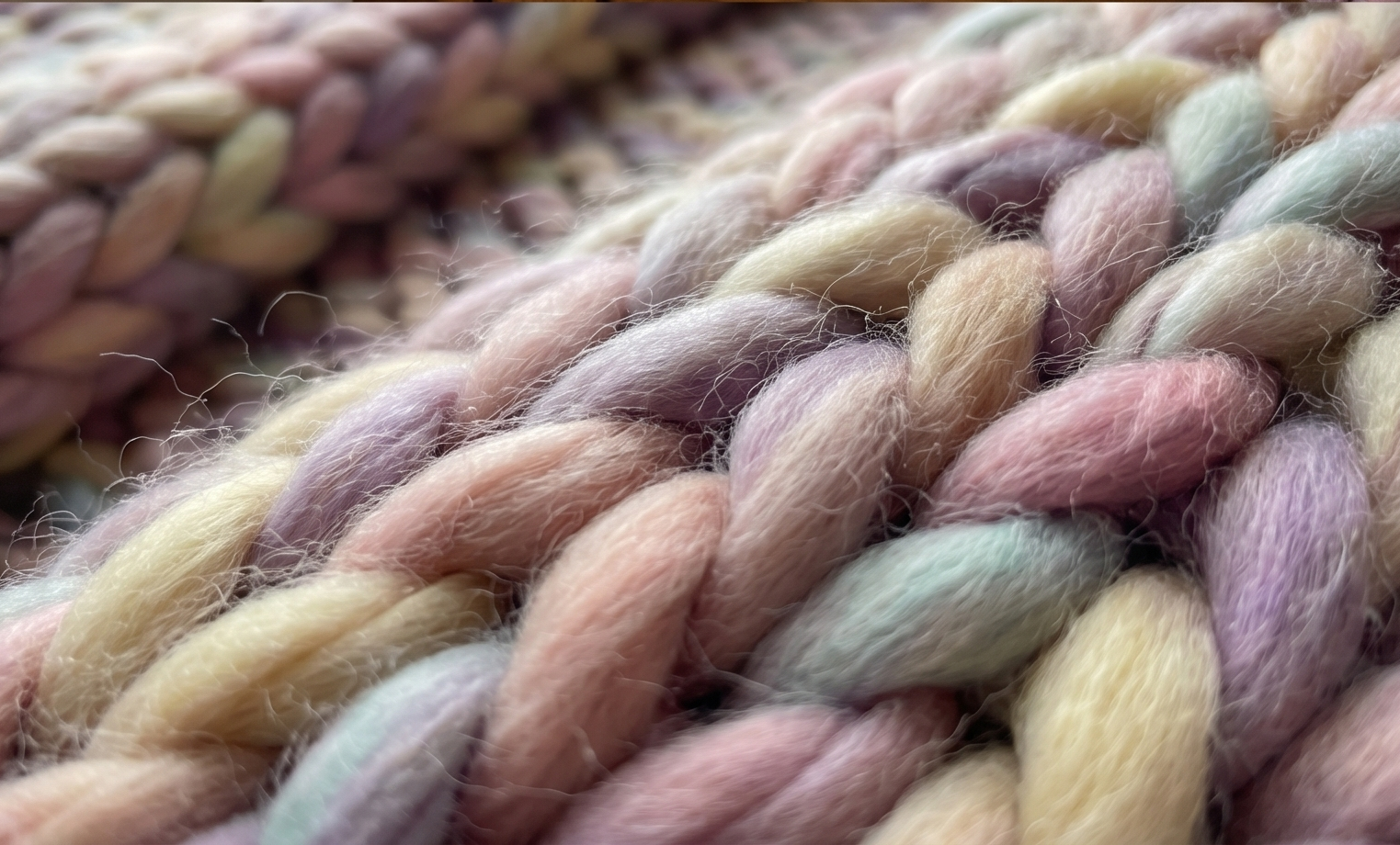 A macro close-up of soft pastel chunky-knit stockinette stitches