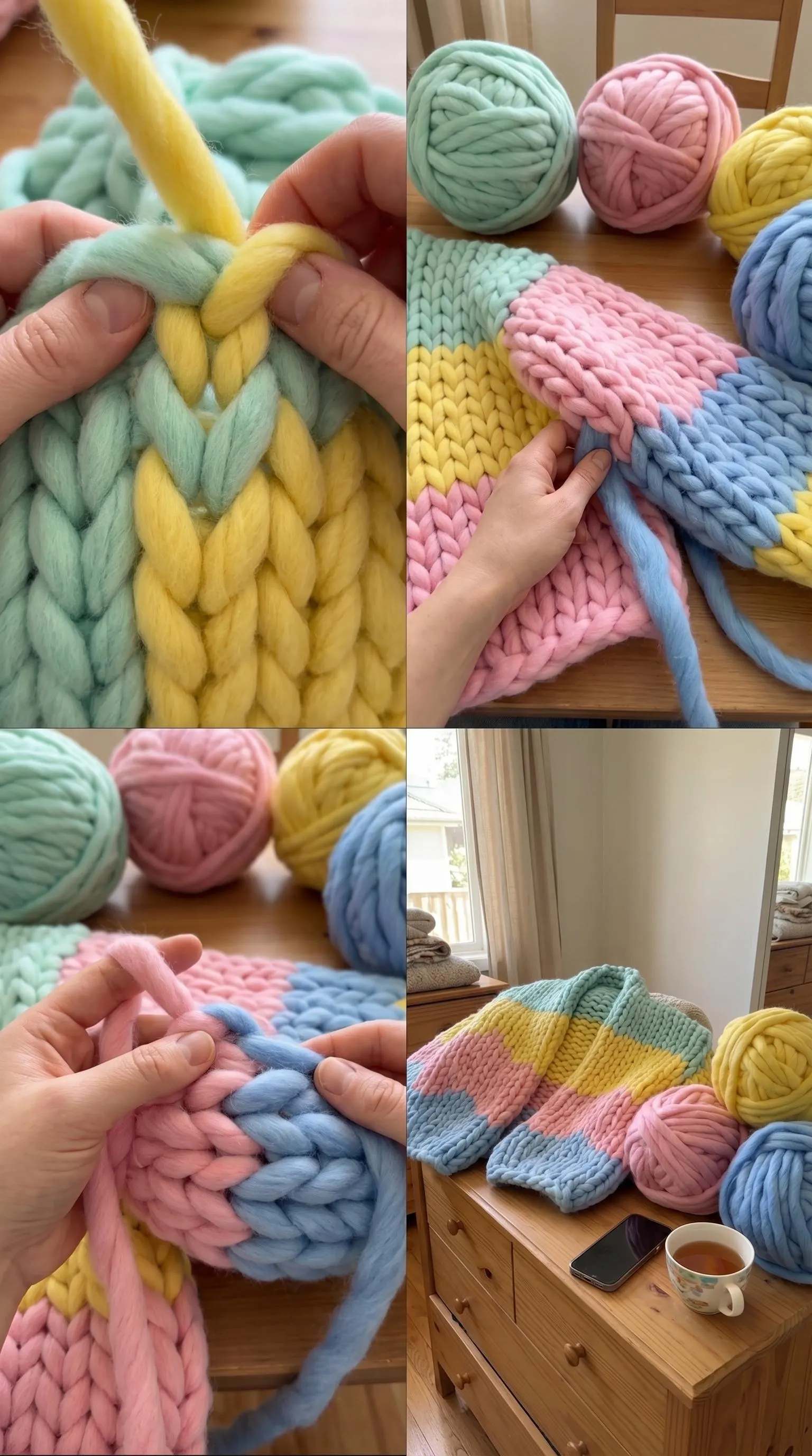 Four close-up steps of knitting a chunky cardigan in pastel wool: the stitch, joining panels, and the finished colour-block piece.
