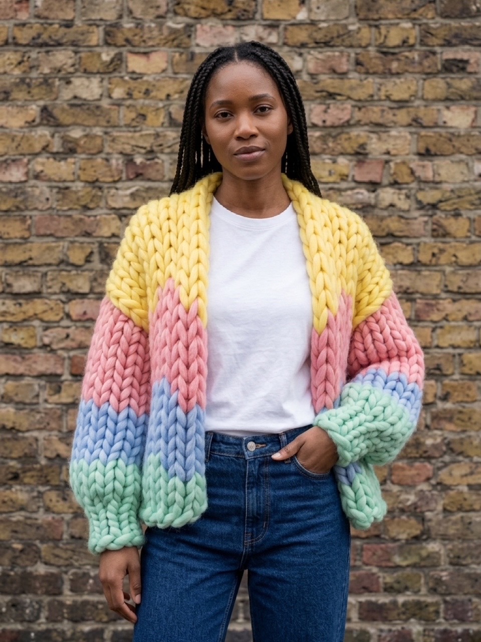 A woman wearing a finished pastel colour-block chunky cardigan against a brick wall.